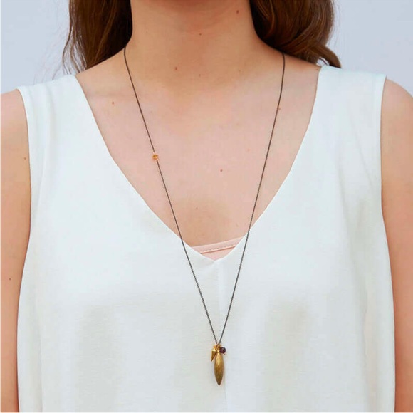 Brass Spike Pendant Necklace Oxidized Sterling Silver Chain Citrine Stone 30”L - Picture 3 of 11